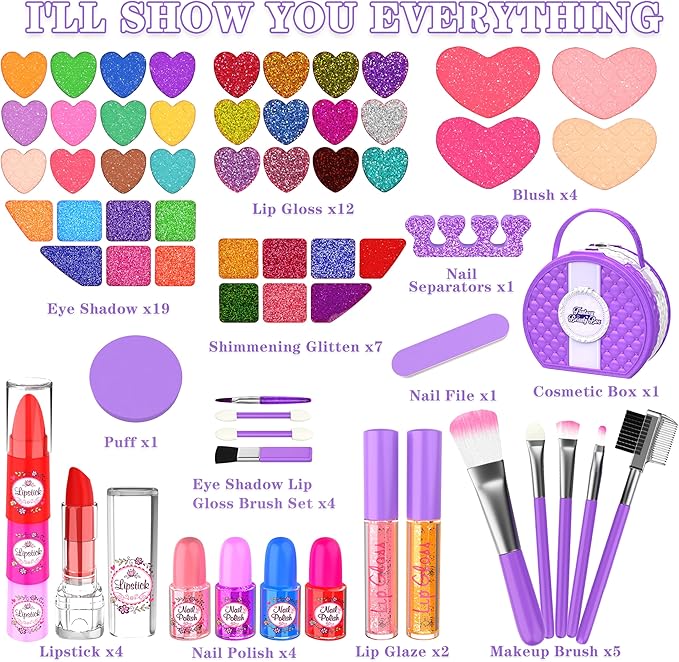 Kids Makeup Kit for Girl, 66 Pcs Washable Makeup Set for Little Girls, Real Cosmetic Set Pretend Play Makeup Toy Beauty Set Christmas & Birthday Gift Age 3 4 5 6 7 8 9+ Year Old Kids Toddler Toys