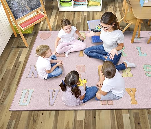 Flagship Carpets Schoolgirl Style Pink Pastel Alphabet Criss-Cross Applesauce Educational Area Rug for Kids Room Seating Décor, Children's Classroom, Play Carpet for Teaching and Playroom, 5' x 7'6"