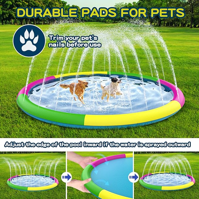 Growsland Non Slip Splash Pad for Kids and Dogs, 102'' Extra Large Splash Pad Outdoor Sprinkler for Kids, Dog Water Summer Toys Outdoor Toys for Toddlers 3-5 Kids Ages 4-8