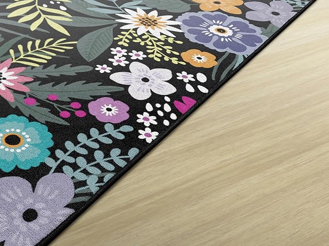 Flagship Carpets Schoolgirl Style Wildflower Educational Area Rug for Kids Room Seating Décor, Children's Classroom, Play Carpet for Teaching and Playroom, 5' x 7'6", Black & Multi