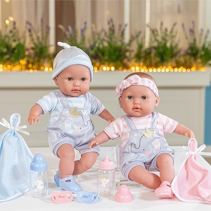 Berenguer Boutique 30050 TWINS- 15” Soft Body Baby Dolls - 12 Piece Gift Set with Open/Close Eyes- Perfect for Children 2+
