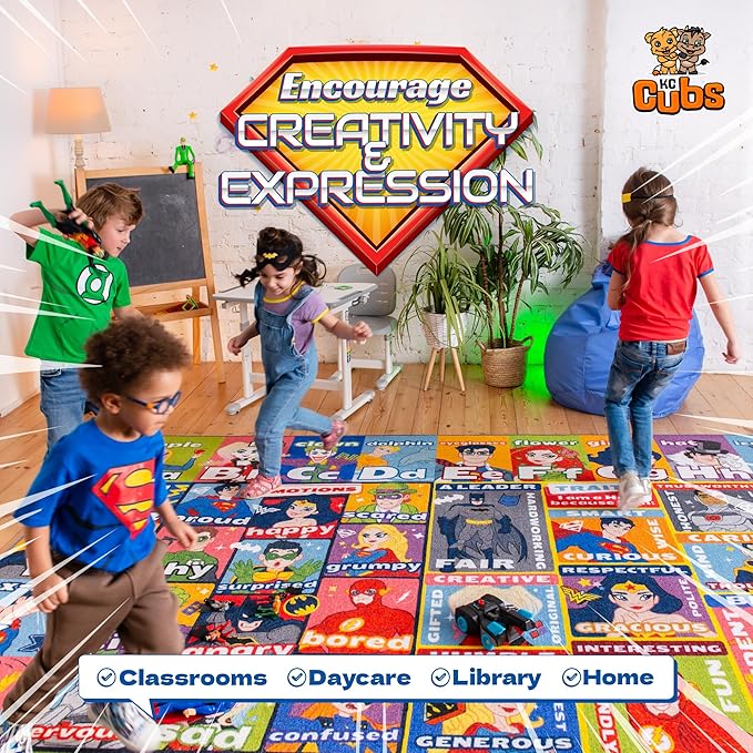 KC Cubs | DC Super Hero ABC Alphabet Traits & Emotions Educational Learning & Game Area Rug Carpet for Kids and Children Bedrooms and Playroom