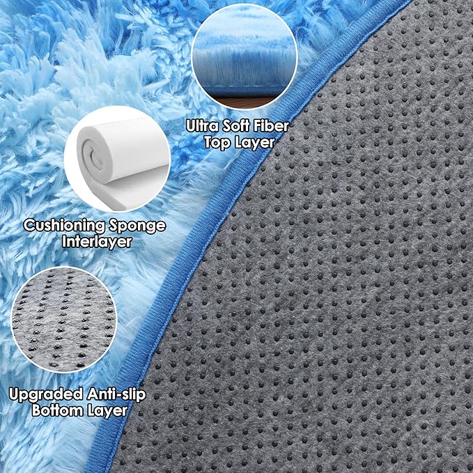 ONASAR Tie-Dye Blue Round Area Rug 4x4, Soft Bedroom Circle Rugs Floor Mats for Kids Girls Teen Room, Kawaii Fluffy Plush Shaggy Carpet for Baby Nursery Living Room Playroom Home Decor