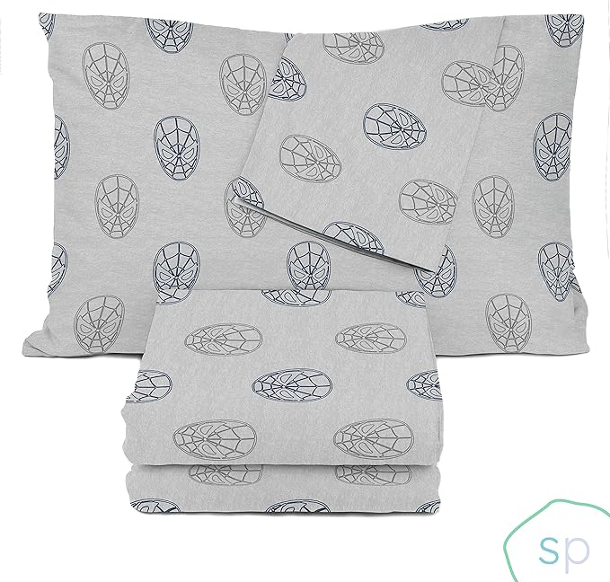 Saturday Park Marvel Spiderman Web Stripe Queen Sheet Set - 4 Piece 100% Organic Cotton Sheets - GOTS & Oeko-TEX Certified (Marvel Official)