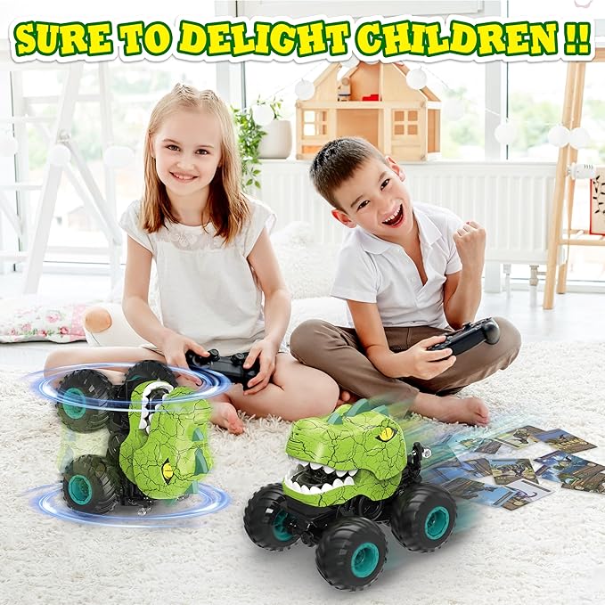 Monster Truck Toys for Boys Age 4-7, Remote Control Dinosaur Cars with Dino FlashCard, T Rex Dinosaur Toys 2 Battery, Spray, Light, Music, Remote Control Car Kids 4 5 6 7 8 Years Old Boy Gift