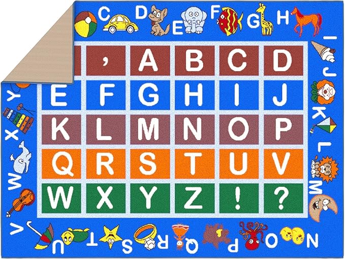 Ottomanson 5' x 6'6" Alphabet Kids Rug - Educational ABC Play Mat for Playroom, Bedroom, Daycare & Classroom - Fun & Interactive Learning Carpet - Durable & Non-Slip for High-Traffic Areas, Blue