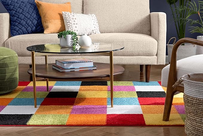 Modern Squares Multi Geometric Area Rug (7'10" x 10'6") Abstract Checkerborad Boxes Bright Living Kid RoomPlayroom Nursery Bedroom Carpet Soft Durable Stain Fade Resistant Shed Free Easy Clean