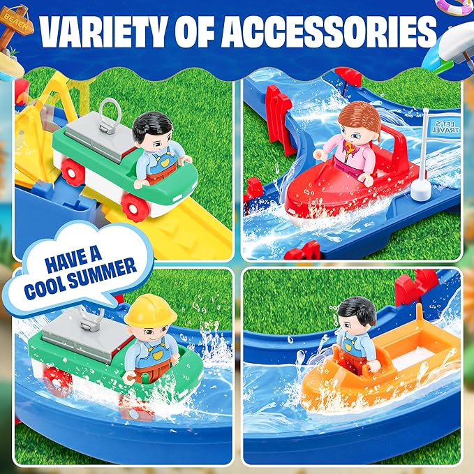 SANCO Water Table for Toddlers - Kids Water Track Playset 61PCS DIY Table Beach Toy on Backyard, Lawn, Pool - Water Toy with 4 Boats, Summer Outside Activity Funs for Toddler