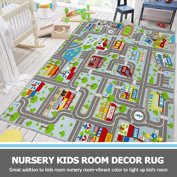 Capslpad Sky Blue Car Road Kid Rug Carpet Playmat for Playoom Traffic Road Kids Play Mat for Toddler Non Slip Washable City Map Race Track Carpet Rug for Kids Room Bedroom Nursery Room Decor,6.6'x5'