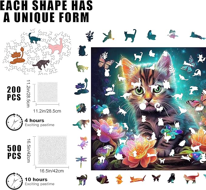 Wooden Puzzles, Kitten in Dream Wooden Jigsaw Puzzles 200 Piece, Unique Luxurious Shaped Wood Puzzle for Adults and Kids, Best Gift for Birthday 11.2 x 11.2 Inch