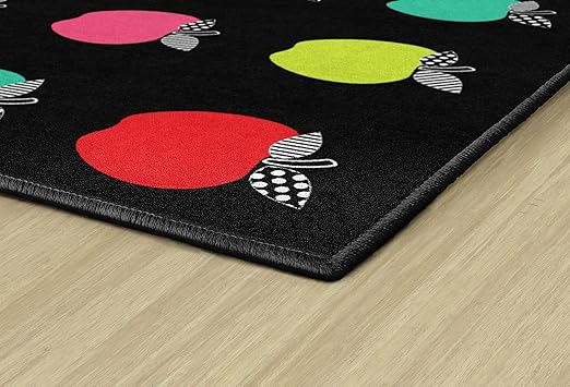 Flagship Carpets Schoolgirl Style Stylish Black & White Brights Apple Sit Spot Classroom Area Rug for Indoor Classroom Learning or Kid Bedroom Educational Play Mat, 5'x7'6", Multi