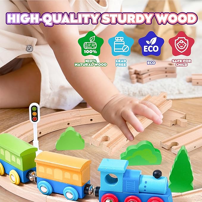 102-Piece Wooden Train Set for Kids Ages 3-8 | Expandable & Customizable Track | Safe, Non-Toxic STEM Toy Gift for Toddlers & Children | Compatible with Major Brands