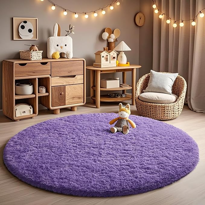 Ophanie Round Rugs 6Ft Purple Circle Area Rug, Cute Room Decor for Teen Girls, Fluffy Fuzzy Bedroom Carpet, Plush Soft Shaggy Living Room Rugs for Kids Home Decor Aesthetic, Nursery
