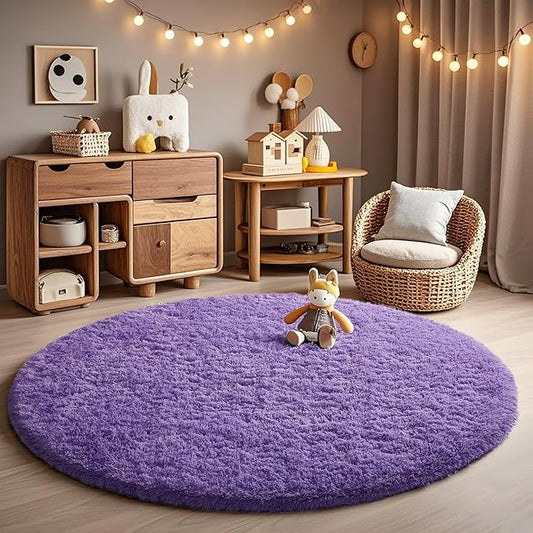 Ophanie Round Rugs 6Ft Purple Circle Area Rug, Cute Room Decor for Teen Girls, Fluffy Fuzzy Bedroom Carpet, Plush Soft Shaggy Living Room Rugs for Kids Home Decor Aesthetic, Nursery