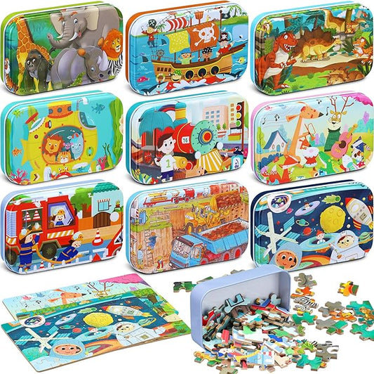 Libima 9 Boxes Party Favors Jigsaw Puzzles in a Metal Box for Age of 4-8 Wooden Puzzle for Ages 4-8 Boys and Girls Learning Educational Toys 9 Styles(Delicate Style)
