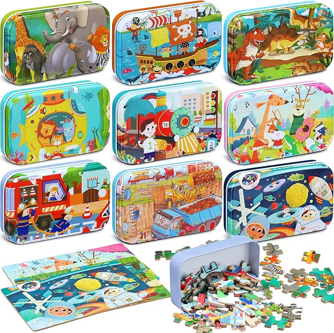 Libima 9 Boxes Party Favors Jigsaw Puzzles in a Metal Box for Age of 4-8 Wooden Puzzle for Ages 4-8 Boys and Girls Learning Educational Toys 9 Styles(Delicate Style)