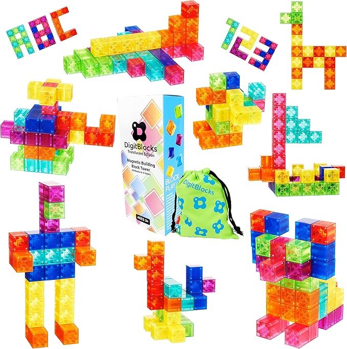 BrainSpark 48PCS Digit Blocks Translucent Magnetic Building Blocks, Montessori Clear Magnet Cubes for Boys Girls Stacking Block Sets Ages 3-9