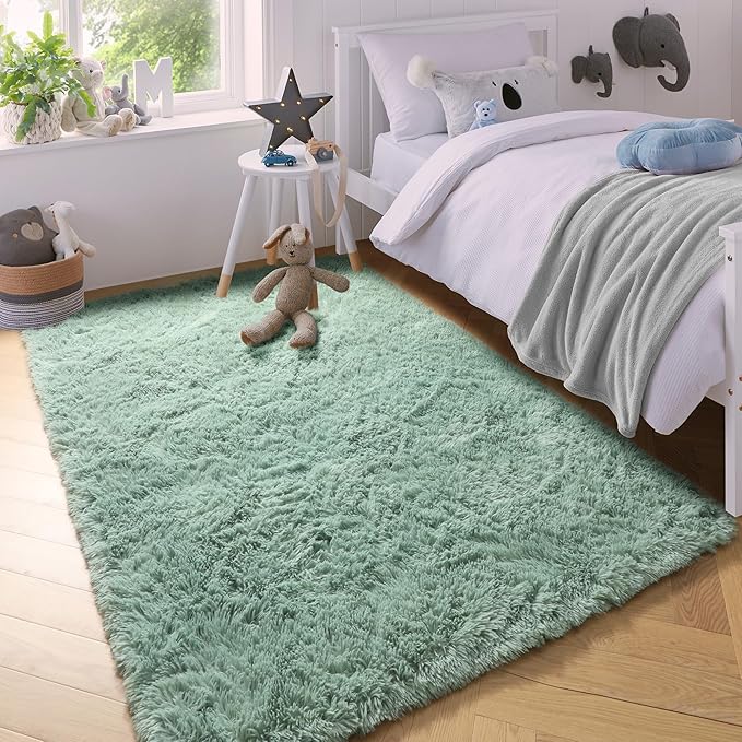 PAGISOFE Machine Washable Sage Green Rugs for Bedroom, 3x5 Ft Shaggy Rug Plush Fuzzy Carpet for Living Room, Fluffy Green Rugs Home Decor Aesthetic,Non-Slip Rug for Nursery Room Decor Girls Boy