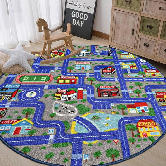 Capslpad Blue Car Road Kid Rug Carpet Playmat for Playoom Traffic Road Kids Play Mat for Toddler Non Slip Washable City Map Race Track Carpet Rug for Kids Room Bedroom Nursery Room Decor,6.6'x6.6'