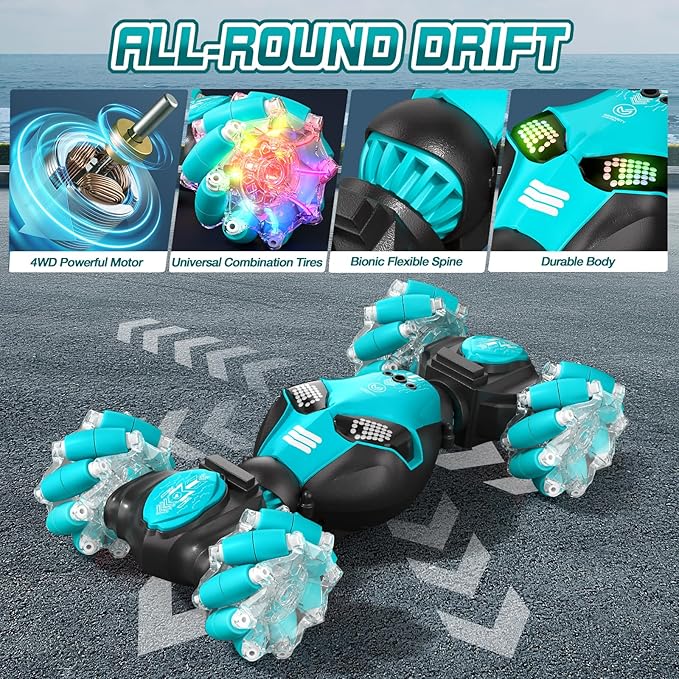 Axirata Gesture Sensing RC Stunt Car with Lights & Music for Kids 6-12 Year Old 4WD 2.4GHz Hand Controlled Remote Control Car 360° Rotation Off-Road Toy Car Gift for Boys Girls