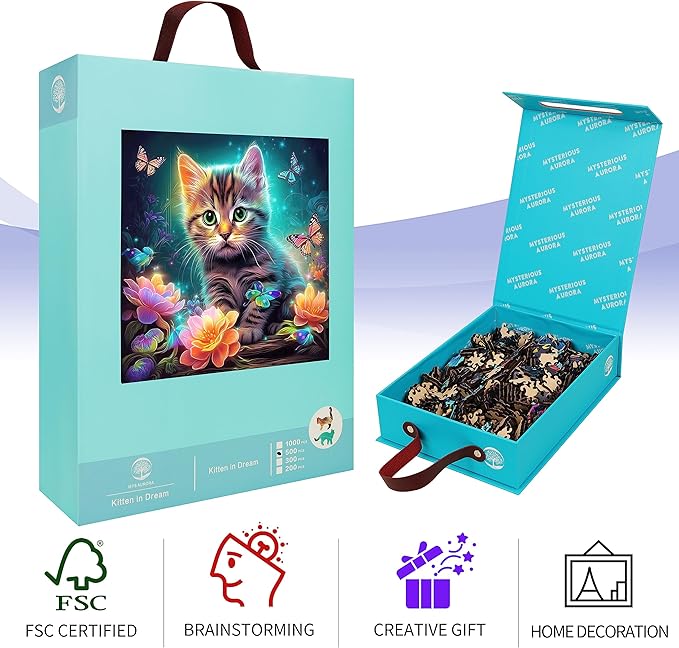 Wooden Puzzles, Kitten in Dream Wooden Jigsaw Puzzles 200 Piece, Unique Luxurious Shaped Wood Puzzle for Adults and Kids, Best Gift for Birthday 11.2 x 11.2 Inch
