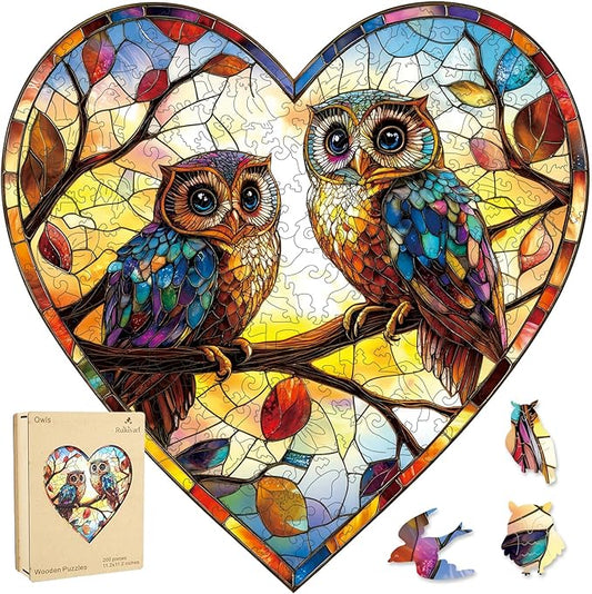 Stained Glass Heart Owls 500 Pieces Wooden Puzzles for Adults Unique Irregular Shape Fun Challenging Birds Puzzles for Kids and Couples on Birthday,Mother’s Day,Christmas 16.7"x16.5"