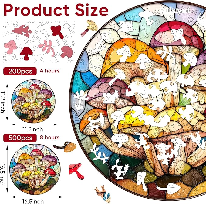 Colorful Mushroom 500 Pieces Wooden Jigsaw Puzzles for Adults with Unique Irregular Shape Family Puzzles for Kids and Adults on Birthday,Father's Day,Christmas 16.5”x16.5”