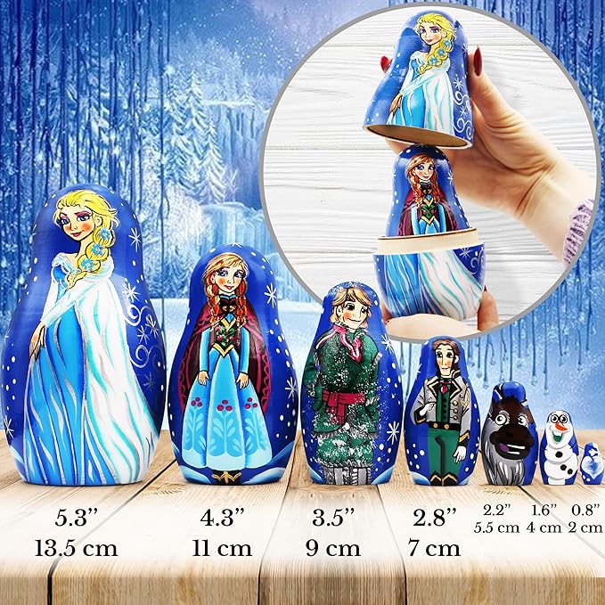 Matryoshka Russian Nesting Doll Babushka Beautiful Cartoon Characters Frozen Elsa Set 7 Pieces Pcs Wooden Hand Painted Souvenir Craft Gift