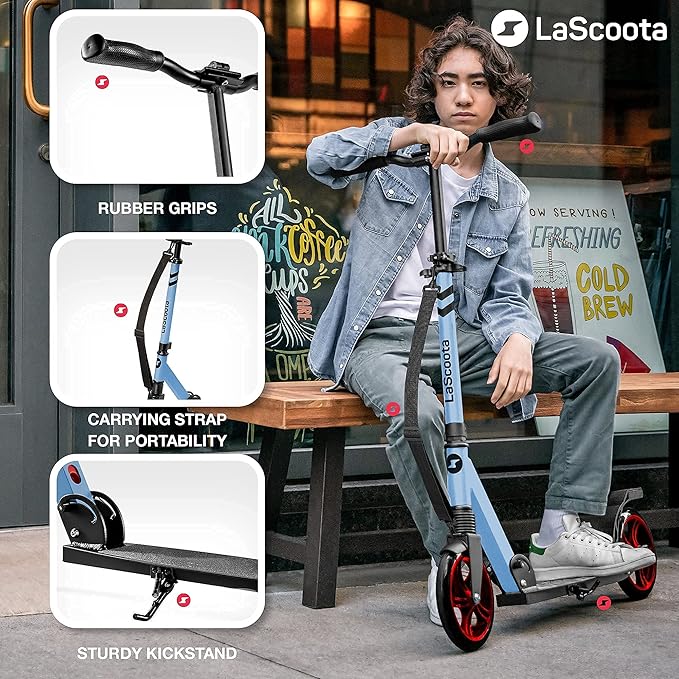 LaScoota Kick Scooter for Kids Ages 6+, Teens & Adults, Large 8" Sturdy Urethane Wheels. Adjustable Handlebar, Lightweight, Foldable, 220lbs Max Load