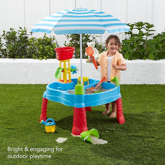 Best Choice Products Kids Sand & Water Outdoor Activity Table, Childs 2-in-1 Play Set w/ 18 Accessories, Adjustable Umbrella, 120 Capacity