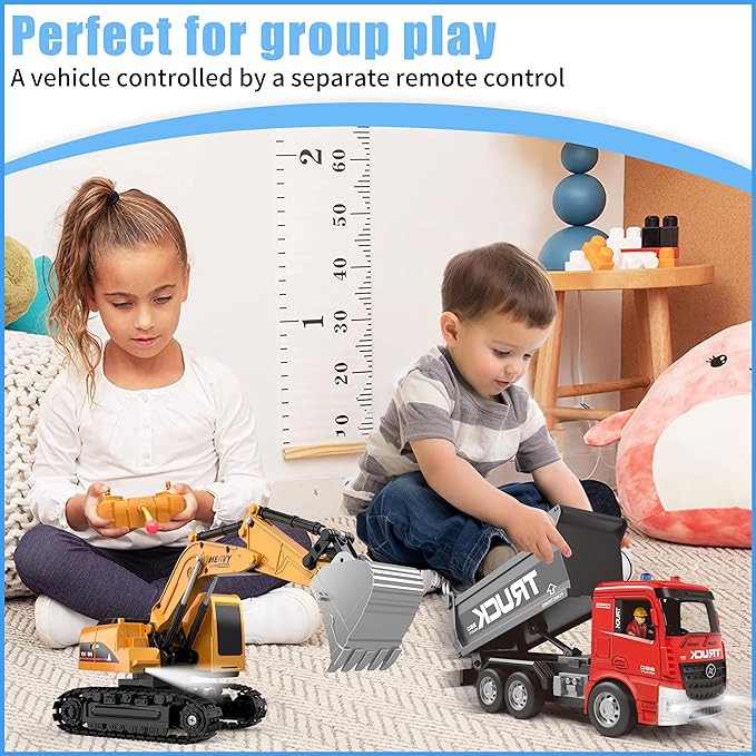 Remote Control Excavator and Dump Truck Toy Set - RC Construction Vehicles Toy with Lights and Sounds, Present for Toddlers 6-12 Year Boys Girls