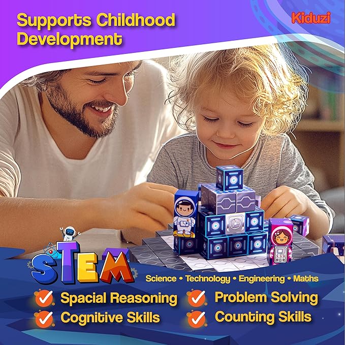 Magnetic Building Blocks – Space Adventure Edition - 100-Piece STEM Toy for Kids 3-10+ - Creative - Screen-Free Fun - 1 inch Strong Magnets, Durable & Travel-Friendly - Great Gift for Boys & Girls