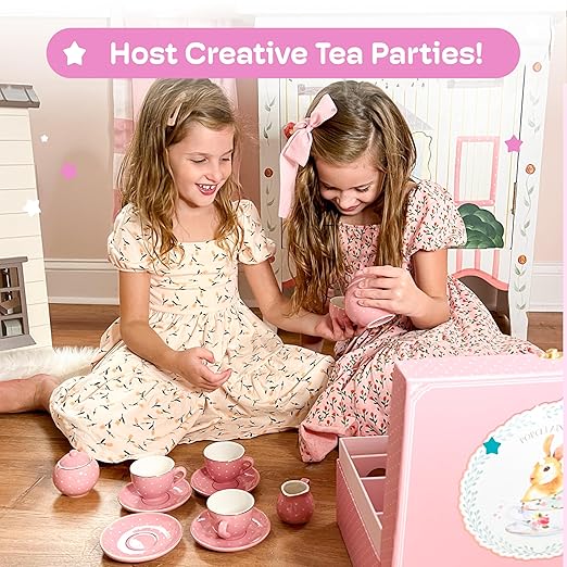 Jewelkeeper Tea Set for Little Girls - 14-Piece Porcelain Tea Party Set for Children Includes Teapot, Cups, Saucers, Creamer, and Sugar Bowl - Pink Polka Dot Design