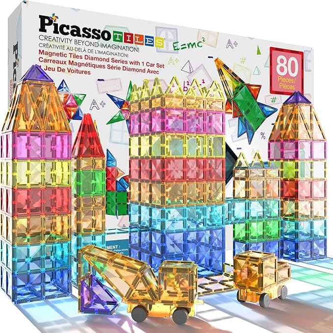 PicassoTiles 80 Pieces Magnetic Building Tiles Magnet Toys Diamond Educational Playset for STEM Sensory Gifts Kid Brain Development Stacking Blocks Construction Set