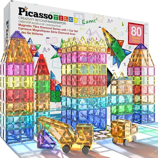 PicassoTiles 80 Pieces Magnetic Building Tiles Magnet Toys Diamond Educational Playset for STEM Sensory Gifts Kid Brain Development Stacking Blocks Construction Set