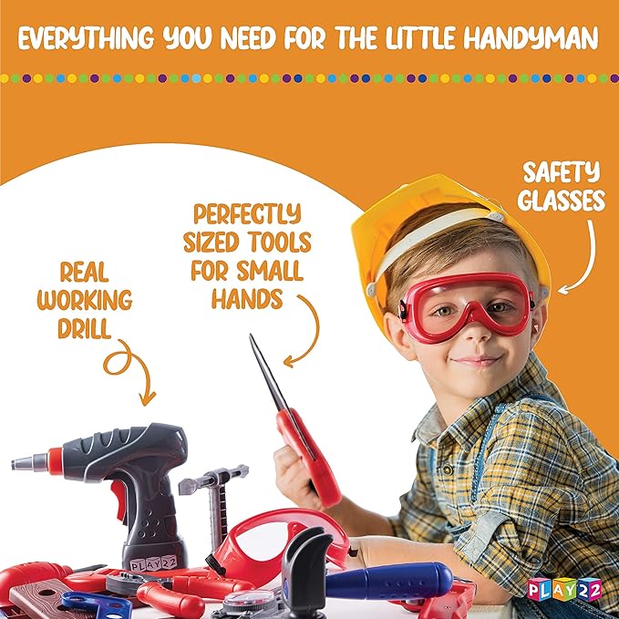 Play22 Kids Tool Set Bench 76 Pc - Toddler Tool Bench Set with Electronic Play Drill - Stem Educational Toy Pretend Play Construction Work Shop - Preschool Toy Gift for Kids Children Boys and Girls