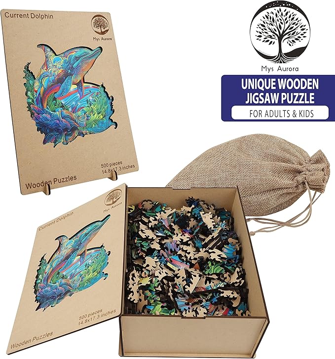 Wooden Puzzles, Dolphin Jigsaw Puzzles 200 Pieces, Unique Shaped Wooden Puzzles for Adults and Kids, Family Game 11.4x11 Inch