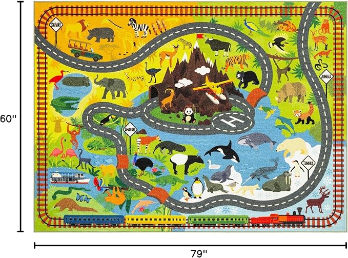 KC Cubs Playtime Collection Animal Safari Road Map Learning and Game Area Carpet for Kids and Children Bedrooms and Playroom (5' 0" x 6' 6") Educational Rug, 5 ft x 6 ft (6 in), Multi
