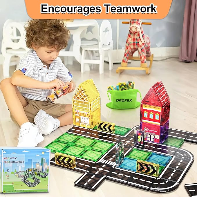 42pcs Magnetic Tiles Road, Magnetic Building Blocks City Construction Toys for 3+Year Old Boys & Girls, Montessori Toys for Toddler, STEM Learning Gifts