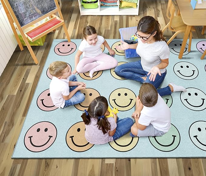 Flagship Carpets Schoolgirl Style Pastel Rainbow Smileys Criss-Cross Applesauce Educational Area Rug for Kids Room, Children's Classroom for Teaching and Playroom, 7'6" x 12', Multi, Seats 28