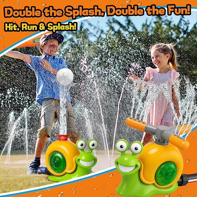 Water Sprinkler Baseball Toy for Kids Outdoor Play, 2 in 1 Snail Sprinkler with Bat and Balls, Backyard Lawn Pool Summer Game for Boys Girls Ages 4-8