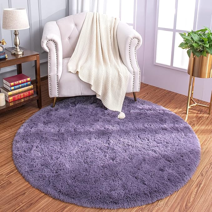 LOCHAS Luxury Round Fluffy Area Rugs for Bedroom Kids Girls Room Nursery, Super Soft Circle Rug, Cute Shaggy Carpet for Children Living Room, 4x4 Feet Grey Purple