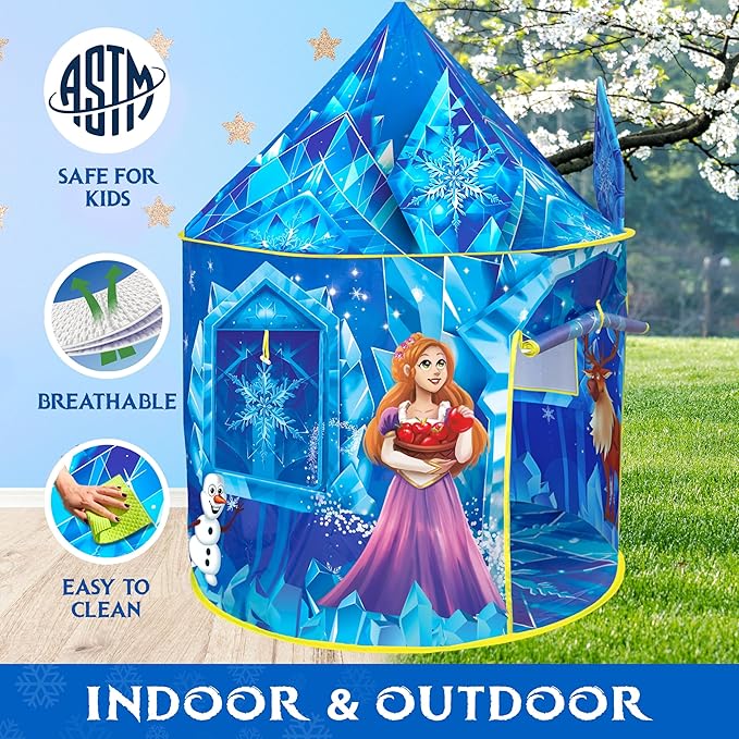 W&O Frozen Princess Tent for Girls with Magical Sound Button, LED Lights, Crown & Wand – Indoor & Outdoor Frozen Tent for Girls Ages 3-7