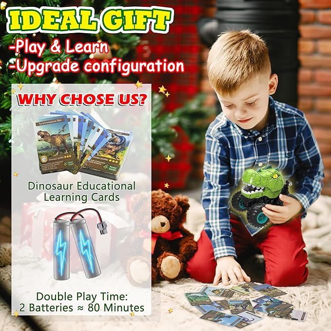 Monster Truck Toys for Boys Age 4-7, Remote Control Dinosaur Cars with Dino FlashCard, T Rex Dinosaur Toys 2 Battery, Spray, Light, Music, Remote Control Car Kids 4 5 6 7 8 Years Old Boy Gift