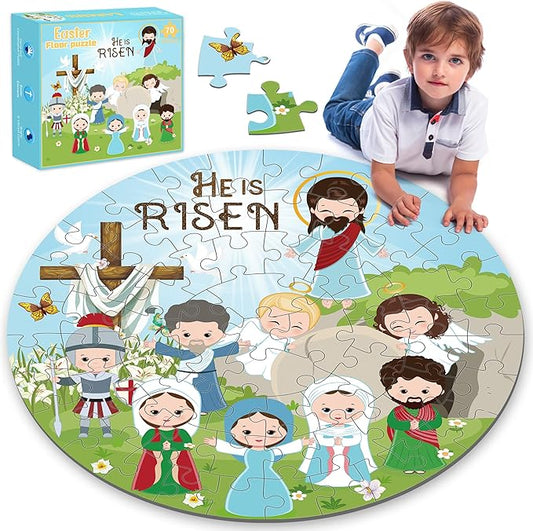 Christian Easter Gifts Basket Stuffers for Kids, 70Pcs Large Easter Floor Puzzles for Kids Age 4-8, He is Risen Jigsaw Puzzles Basket Essentials for Boy Girls