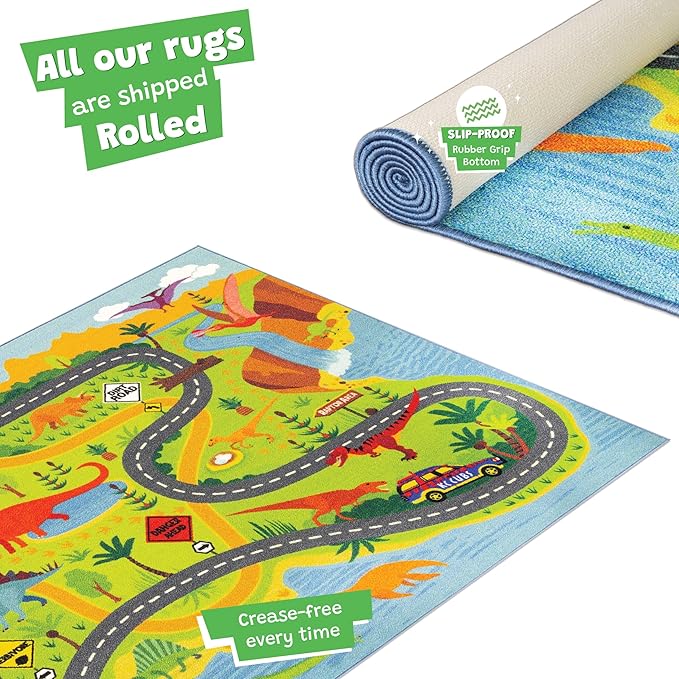 KC Cubs Dinosaur Dino Safari Road Map Learning & Game Area Carpet for Kids and Children Bedrooms and Playroom Educational Rug, 5 ft x 6 ft 6 in, Multi