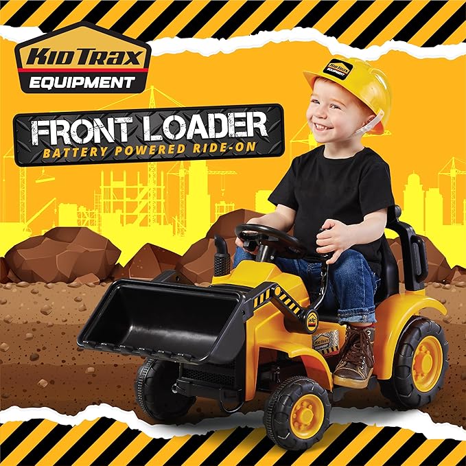 Kid Trax 6V Frontloader Ride-On Toy for Kids, Ages 18-36 Months, Max Weight 44 lbs, Easy Push Button Drive System and Pull Front Bucket Lever, Includes Toy Hard Hat