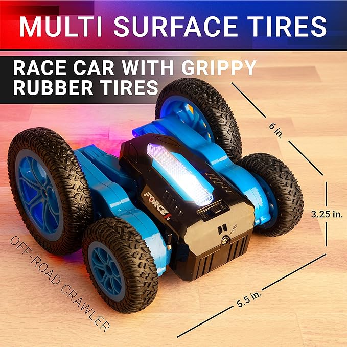 Force1 Tornado Blue LED Remote Control Car for Kids- Double Sided Driving Fast RC Cars 360 Flips, Outdoor 4WD Off Road Stunt RC Car, All Terrain Tires, RC Crawler Rechargeable Battery, 2.4GHz Remote