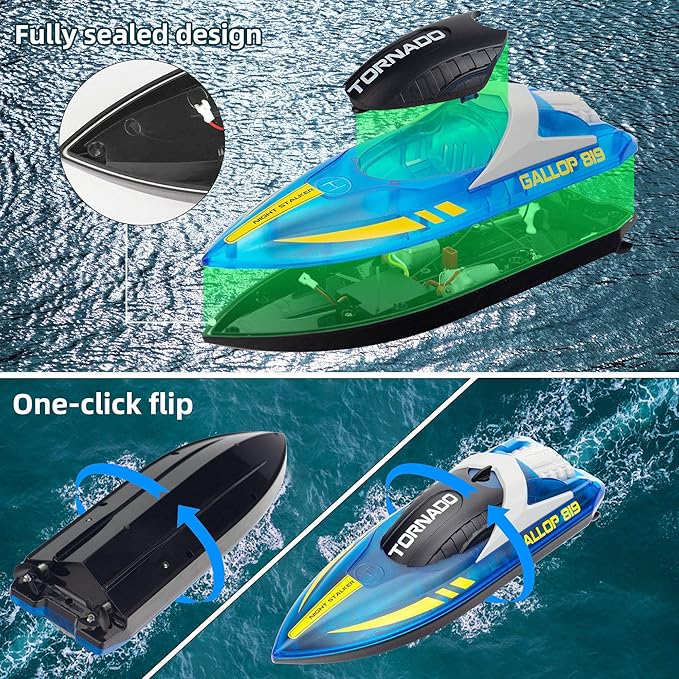 Remote Control Boats for 8-12, 15+ MPH Fast RC Boat with LED Lights, 2.4G RC Electric Speed Boats Pool and Lakes Toys for Kids
