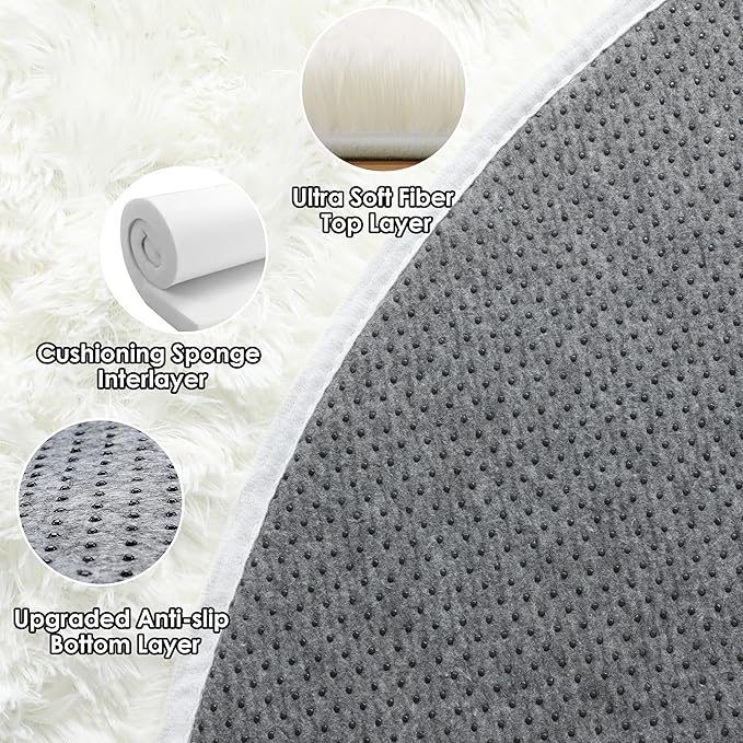 ONASAR Cream White Round Area Rug 4ft, Fluffy Ultra Soft Bedroom Circle Rugs Floor Mat for Kids Girls Boys Teen Room, Fuzzy Plush Shaggy Carpet for Nursery Living Room Playroom Dorm Home Decor